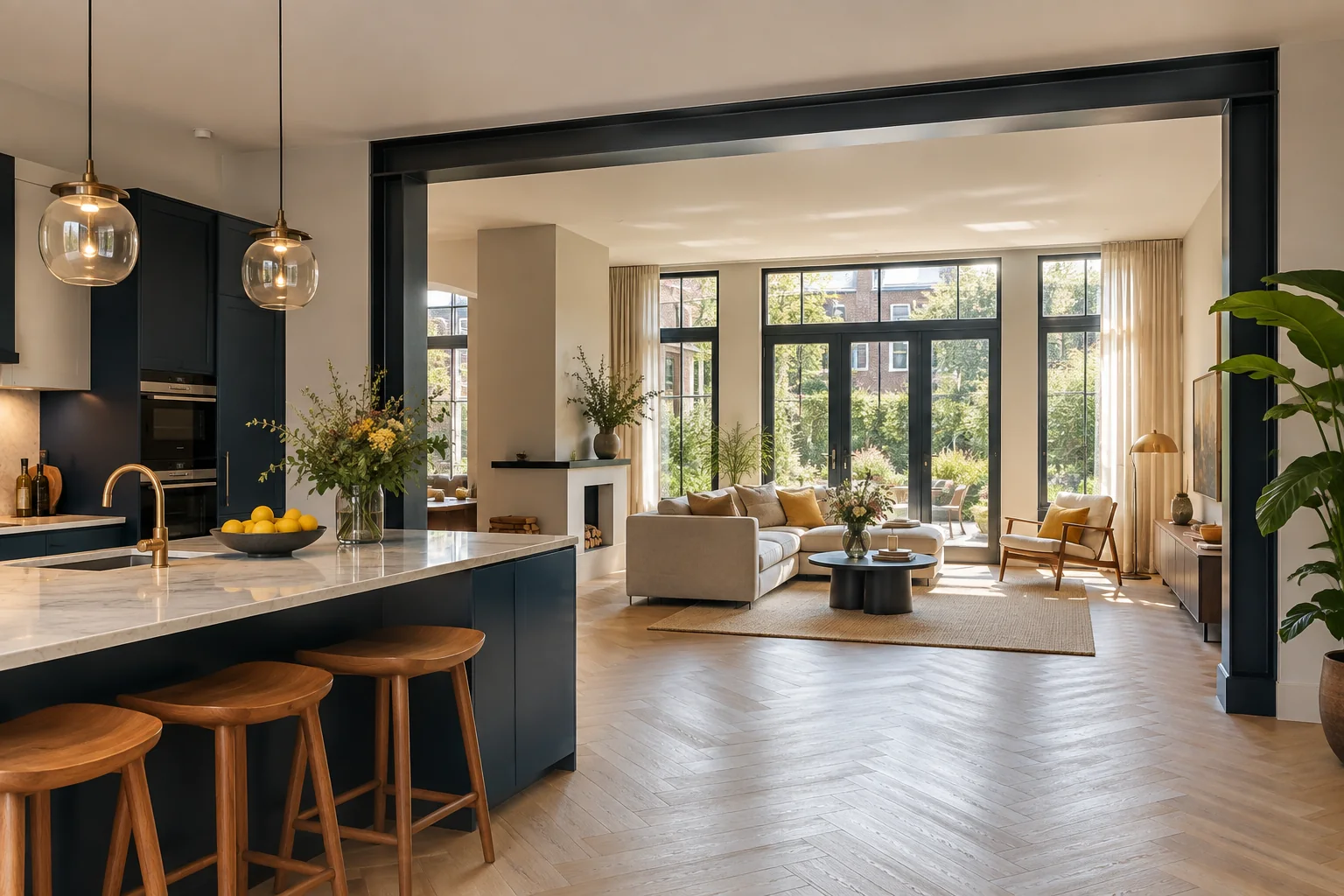 Inspiration: helle Küche und Wohnzimmer mit einer dunklen Stahlöffnung verbunden